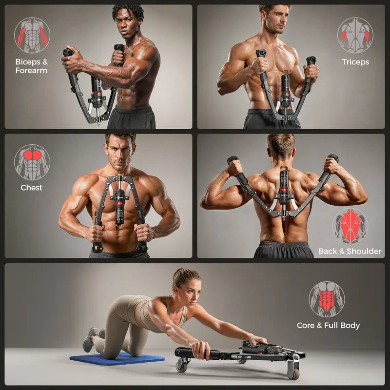 💪 Hydraulic Arm Strength Trainer, 22‑440lbs Adjustable Home Workout Gear with Ab Roller